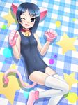  animal_ears bad_id bad_pixiv_id bell bell_collar blue_eyes blue_hair blush breasts cat_ears cat_paws collar gloves hair_ornament hairclip idolmaster idolmaster_dearly_stars jingle_bell mizutani_eri one-piece_swimsuit one_eye_closed paw_gloves paws school_swimsuit short_hair small_breasts solo swimsuit tail thighhighs totokichi 