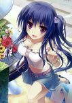  blue_hair cleavage crease fang fixme flower karory open_mouth purple_eyes 