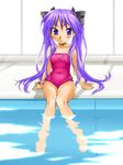  barefoot blue_eyes casual_one-piece_swimsuit covered_navel highres hiiragi_kagami indoors kamia_(not_found) long_hair lucky_star one-piece_swimsuit pool poolside purple_hair refraction sitting soaking_feet solo swimsuit twintails very_long_hair water window 