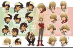  araimun barnaby_brooks_jr belt blonde_hair blue_eyes blush boots brown_eyes brown_hair cabbie_hat closed_eyes crossed_arms expressions facial_hair glasses green_eyes hat jacket kaburagi_t_kotetsu male_focus multiple_boys necktie red_jacket sitting sparkle stubble studded_belt tiger_&amp;_bunny vest watch wristwatch 