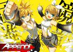  1girl :d bass_clef blonde_hair blue_eyes blush brother_and_sister choker clenched_hand detached_sleeves foreshortening grin hair_ornament hair_ribbon hairclip headset kagamine_len kagamine_len_(append) kagamine_rin kagamine_rin_(append) navel open_mouth outstretched_arms raised_fist ress ribbon short_hair shorts siblings smile spiked_hair spread_arms treble_clef twins vocaloid vocaloid_append 