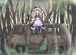  blonde_hair bow braid broom daito forest ground_vehicle hair_bow hat kirisame_marisa long_hair mold motor_vehicle nature open_mouth red_eyes solo touhou van witch_hat 