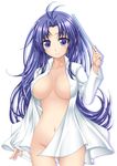  antenna_hair bad_id bad_pixiv_id big_wednesday blue_eyes blue_hair blush bottomless breasts denpa_onna_to_seishun_otoko large_breasts long_hair mature naked_shirt navel no_bra open_clothes shirt simple_background solo touwa_meme 