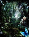  alice_margatroid bad_id bad_pixiv_id black_dress blonde_hair blue_dress bug butterfly capelet dress forest forest_of_magic green_eyes hair_ribbon hat highres insect kirisame_marisa missile228 multiple_girls mushroom nature ribbon scenery touhou v_arms witch_hat yellow_eyes 