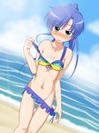  beach bikini blue_hair brown_eyes day dutch_angle frills idolmaster idolmaster_(classic) kisaragi_chihaya long_hair ponytail solo swimsuit wagomu17 