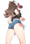  ass bad_deviantart_id bad_id baseball_cap blue_eyes brown_hair cameltoe cutoffs denim denim_shorts exposed_pocket from_behind from_below hat highres holding holding_poke_ball kneepits long_hair looking_at_viewer looking_back looking_down naso4 poke_ball pokemon pokemon_(game) pokemon_bw short_shorts shorts simple_background solo thighs touko_(pokemon) white_background 