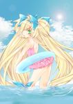  blazblue blonde_hair blush bow casual_one-piece_swimsuit cloud colored_eyelashes day frilled_swimsuit frills green_eyes hair_bow hair_ribbon innertube ishitsuki_merokoa kneepits long_hair looking_back low-tied_long_hair one-piece_swimsuit platinum_the_trinity quad_tails ribbon sky solo swimsuit two_side_up very_long_hair water 