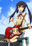 amplifier black_hair black_legwear brown_eyes cloud day electric_guitar guitar instrument jumping k-on! long_hair marshall nakano_azusa no10 open_mouth plectrum ribbon round_teeth school_uniform shoes sky sneakers socks solo sweater_vest teeth twintails 
