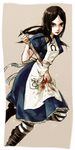  alice:_madness_returns alice_(wonderland) american_mcgee's_alice black_hair boots dress knife long_hair pantyhose solo striped striped_legwear uranus_symbol weapon 