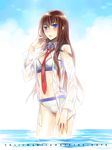  ashi bikini blue_eyes brown_hair day long_hair makise_kurisu navel necktie open_clothes open_shirt red_neckwear see-through shirt solo steins;gate swimsuit wading water wet white_bikini 