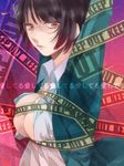  arms_up bad_id bad_pixiv_id bdsm black_hair blazer bob_cut bondage bound breasts caution_tape cleavage durarara!! glasses jacket keep_out large_breasts nupuru open_clothes open_shirt red_eyes school_uniform shirt short_hair skindentation solo sonohara_anri 