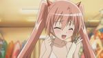  ^_^ ahoge animated animated_gif blush bra cellphone closed_eyes fang hidan_no_aria horns kanzaki_h_aria lingerie non-web_source open_mouth phone pink_hair screencap solo twintails underwear 
