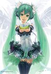  alternate_costume banana flower food fruit green_eyes green_hair hair_flower hair_ornament hatsune_miku hatsune_miku_(append) headphones hjl long_hair open_mouth outstretched_arms solo thighhighs twintails very_long_hair vocaloid vocaloid_append 