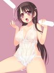  arima_senne bad_id bad_pixiv_id bare_shoulders black_hair blush cupping_hand food glasses highres kashiwamochi_yomogi lingerie long_hair open_mouth original popsicle red_eyes sexually_suggestive solo suggestive_fluid sweat underwear 