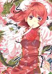  bad_id bad_pixiv_id bandages bun_cover chain cuffs double_bun dragon eastern_dragon flower ibaraki_kasen mouth_hold ogino_(oginogino) pink_eyes pink_hair red_flower red_rose ribbon ribbon_in_mouth rose shackles shirt short_hair skirt solo tabard touhou upper_body 