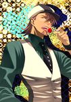  brown_eyes brown_hair cabbie_hat candy facial_hair food hat kaburagi_t_kotetsu licking lollipop male_focus necktie shijuu_hachi solo stubble tiger_&amp;_bunny tongue vest watch wristwatch 