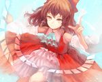  ascot bad_id bad_pixiv_id bow brown_eyes brown_hair detached_sleeves embellished_costume frills hair_bow hair_tubes hakurei_reimu ofuda outstretched_arm shigu short_hair smile solo touhou 