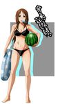  71 barefoot bikini black_bikini breasts brown_hair food fruit glasses holding holding_food holding_fruit innertube k-on! large_breasts long_hair mouth_hold navel orange_eyes popsicle solo swimsuit watermelon yamanaka_sawako 