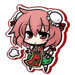  bandages blush_stickers bun_cover chibi double_bun flower ibaraki_kasen lowres open_mouth pink_hair red_eyes ribbon rose simple_background skirt solo tabard touhou yanagi_(nurikoboshi) 