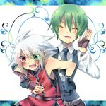  :o ^_^ belt black_gloves blazblue blush closed_eyes colored_eyelashes embarrassed fingerless_gloves formal gloves green_eyes green_hair hazama heterochromia highres multiple_boys necktie open_mouth ragna_the_bloodedge red_eyes sidelocks spiked_hair suit takamiya_ren white_hair 