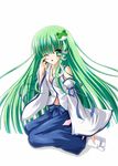  blue_ribbon breasts cleavage collarbone detached_sleeves eyebrows eyebrows_visible_through_hair finger_to_eye frog_hair_ornament green_eyes green_hair hair_ornament highres kochiya_sanae long_hair medium_breasts midriff navel one_eye_closed ribbon simple_background small_breasts solo touhou wata_(akawata) white_background 