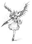  ascot bad_id bad_pixiv_id banned_artist flandre_scarlet greyscale hat kurkoboltsi laevatein looking_up monochrome short_hair sketch skirt solo touhou wings wrist_cuffs 