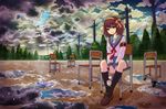  armband brown_eyes brown_hair chair hair_ribbon hairband kita_high_school_uniform power_lines puddle ribbon sakashima_yumewo school_uniform serafuku short_hair sitting solo suzumiya_haruhi suzumiya_haruhi_no_yuuutsu teruterubouzu 