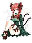  animal_ears bad_id bad_pixiv_id banned_artist bare_legs bow bowtie braid cat_ears cat_tail kaenbyou_rin legs long_hair looking_at_viewer multiple_tails no_panties no_socks pumps red_eyes red_hair ribbon simple_background sitting solo tail thigh_ribbon thighs touhou tsukiriran twin_braids 