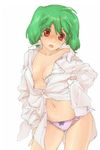  ahoge bad_id bad_pixiv_id blush bow bow_panties breasts cleavage collarbone green_hair loose_clothes loose_shirt macross macross_frontier medium_breasts michudx navel no_bra panties ranka_lee red_eyes shirt short_hair simple_background solo unbuttoned underwear 