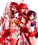  5girls anpanman bishoujo_senshi_sailor_moon color_connection crossover dokin-chan flandre_scarlet flower fujiwara_no_mokou grell_sutcliff heart hino_rei komaku_juushoku kurama kuroshitsuji laevatein magical_girl mahou_shoujo_madoka_magica multiple_boys multiple_crossover multiple_girls ofuda red red_hair red_sailor_collar red_skirt rose sailor_collar sailor_mars sailor_senshi_uniform sakura_kyouko skirt touhou white_background yuu_yuu_hakusho 