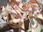  2boys blonde_hair bow_(weapon) choker fingerless_gloves fujimaru_(green_sparrow) gloves green_eyes guy_cecil hairband long_hair luke_fon_fabre multiple_boys natalia_luzu_kimlasca_lanvaldear open_mouth orange_neckwear pantyhose red_hair tales_of_(series) tales_of_the_abyss weapon 