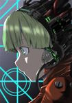  android bangs blunt_bangs cable expressionless face from_side green_eyes green_hair highres machinery multicolored multicolored_eyes original profile solo upper_body wire wtkbx 