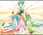  bad_id bad_pixiv_id barefoot closed_eyes dress feet hatsune_miku highres long_hair maimu_(polka) multiple_girls paint paintbrush sitting strap_slip suspenders twintails very_long_hair vocaloid younger 