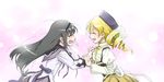  akemi_homura anger_vein beret black_hair breast_envy breast_grab breasts drill_hair grabbing groping hairband hat highres long_hair magical_girl mahou_shoujo_madoka_magica medium_breasts multiple_girls no_gloves snot teardrop tomoe_mami youkann00 