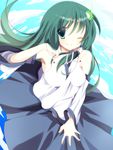  blue_eyes blush breasts frog green_hair hair_ornament hair_tubes highres kochiya_sanae long_hair medium_breasts skirt smile snake solo stigma1101 touhou 