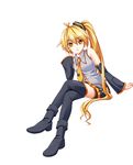  akita_neru ankle_boots black_legwear blonde_hair boots colorized crossed_legs detached_sleeves highres legs long_hair nail_polish necktie ponytail side_ponytail sitting skirt smile solo thighhighs very_long_hair vocaloid wata_(akawata) yellow_eyes yellow_nails yellow_neckwear 