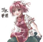  annoyed bandages bun_cover character_name chinese_clothes double_bun flower ibaraki_kasen oekaki open_mouth pink_eyes pink_hair rose shift_(waage) short_hair short_sleeves signature simple_background solo tabard touhou 