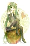  akagi_shun apple bad_id bad_pixiv_id detached_sleeves flower food fruit green_eyes green_hair hair_flower hair_ornament hatsune_miku hatsune_miku_(append) long_hair sitting skirt solo thighhighs twintails very_long_hair vocaloid vocaloid_append 
