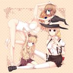  blonde_hair blue_eyes brown_hair green_eyes hat high_heels leotard mary_janes multiple_girls orange_hair original pink_eyes shoes skirt suspenders thighhighs twintails watashishi witch_hat 