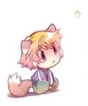  :&lt; animal_ears blonde_hair blush_stickers chibi fox_ears fox_tail ivan_karelin jacket kemonomimi_mode letterman_jacket male_focus purple_eyes purple_jacket silhouette_sakura simple_background solo star tail tiger_&amp;_bunny white_background 