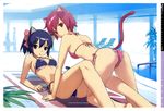  absurdres all_fours animal_ears ass bikini bow cat_ears cat_tail chair day frilled_bikini frills girl's_avenue girl_on_top hair_bow highres leg_between_thighs looking_at_viewer looking_back lounge_chair megami morisawa_haruyuki multiple_girls non-web_source purple_eyes purple_hair red_eyes red_hair short_hair side-tie_bikini silhouette swimsuit tail 