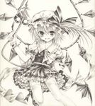  cocomomo fang flandre_scarlet hat laevatein monochrome necktie open_mouth shirt side_ponytail skirt smile solo thighhighs touhou wings wrist_cuffs zettai_ryouiki 