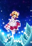  apron aqua_eyes bad_id bad_pixiv_id blonde_hair blush bow dress first_aid_kit flower highres kuromari_(runia) lily_of_the_valley mary_janes medicine_melancholy shoes sky smile solo star_(sky) starry_sky thighhighs touhou white_legwear zettai_ryouiki 