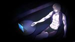  barnaby_brooks_jr blonde_hair computer controller escape080 eyelashes glasses highres male_focus muscle nipples no_eyewear photo_(object) remote_control shirtless shorts solo tiger_&amp;_bunny 