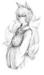  animal_ears bad_id bad_pixiv_id banned_artist greyscale hands_in_opposite_sleeves kurkoboltsi monochrome multiple_tails short_hair sketch solo tail touhou yakumo_ran 