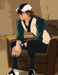  bracelet brown_eyes brown_hair cabbie_hat chair easy_chair facial_hair hat jewelry kaburagi_t_kotetsu male_focus necktie sitting smile solo stubble sumika_(smikas) tiger_&amp;_bunny vest watch wristwatch 