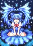  blue_eyes blue_hair blush_stickers bow cirno crystal dress flower gem gidou_maruta hair_bow looking_up plant rose short_sleeves sitting solo touhou wings 