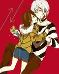  1girl accelerator ahoge bad_id bad_pixiv_id brown_eyes brown_hair couple crepe food food_on_face hetero hood hooded_jacket jacket last_order lowe_(slow) red_eyes shirt short_hair skirt striped striped_shirt to_aru_majutsu_no_index white_hair 