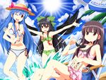  ;d anger_vein angry beach beach_chair beach_umbrella bikini black_hair blue_hair book can cloud crab day hat hinanawi_tenshi holding holding_eyewear houraisan_kaguya long_hair multiple_girls navel one_eye_closed open_mouth outdoors outstretched_arms purple_eyes purple_hair red_eyes reiuji_utsuho ruu_(tksymkw) side-tie_bikini sitting smile splashing spread_arms starfish striped striped_bikini sun sunglasses sunlight swimsuit touhou tree umbrella water wings 