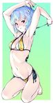  arched_back armpits ayanami_rei baba_arumi bad_id bad_pixiv_id barefoot bikini blue_hair full_body green_background hair_ornament hairclip kneeling navel neon_genesis_evangelion red_eyes short_hair side-tie_bikini simple_background solo swimsuit 
